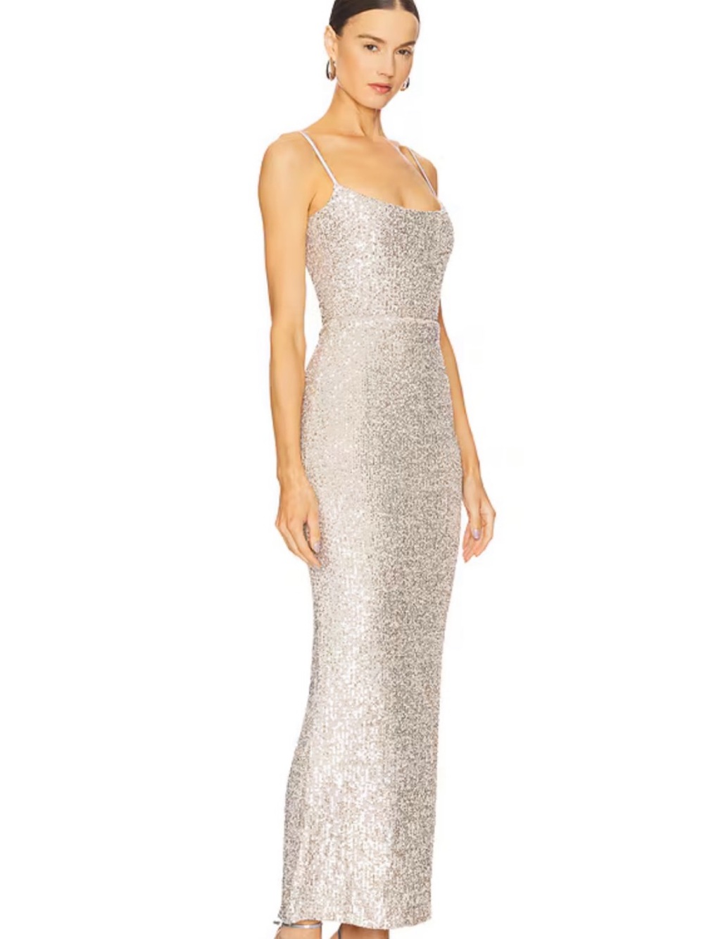 Nookie Lovers Nothings Sequin Spaghetti-Strap Evening Gown in Silver size small. - Picture 2 of 16